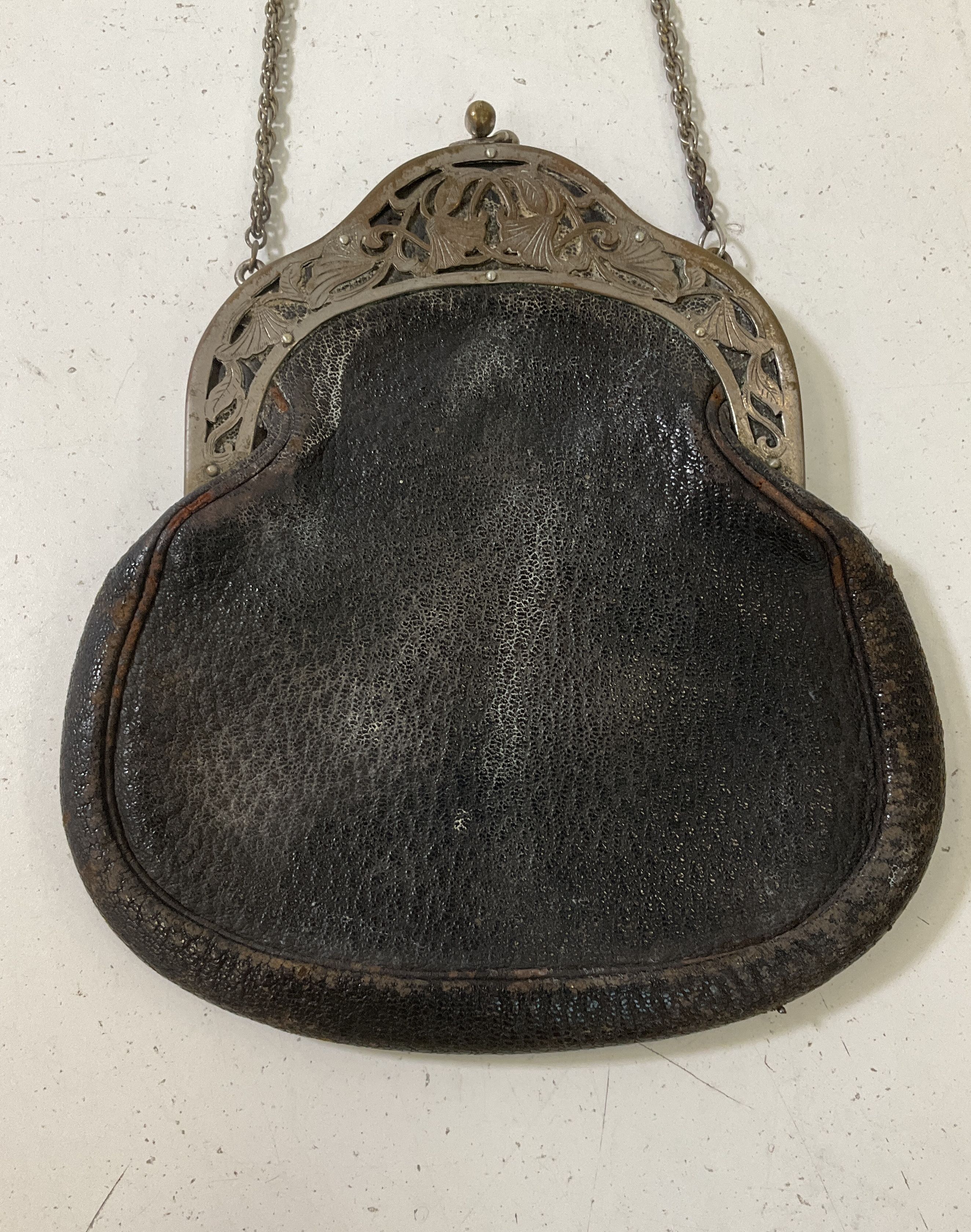 Antique Art Nouveau Repousse Frame Black Leather Kiss Lock Purse Handbag
