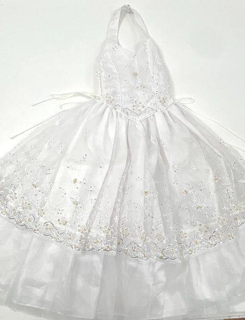 Vintage Y2K Girls White Halter Tiered Sequin Flower Girl Formal Dress USA Sz 7