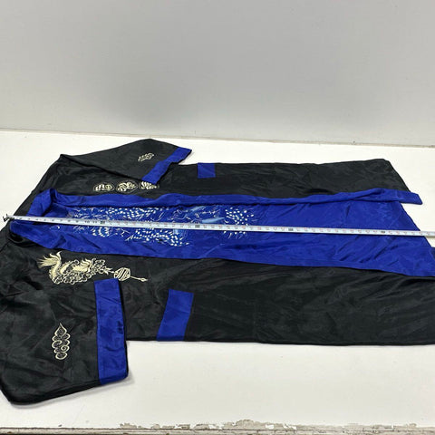 Vintage 80s Unisex Embroidered Dragon Robe Kimono Black Blue Silk Souvenir