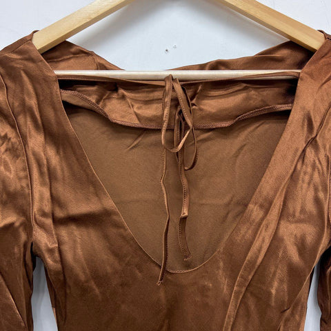 Anthropologie Women's Brown Satin Long Bell Sleeve Back Tie Mini Dress NWT Sz XS