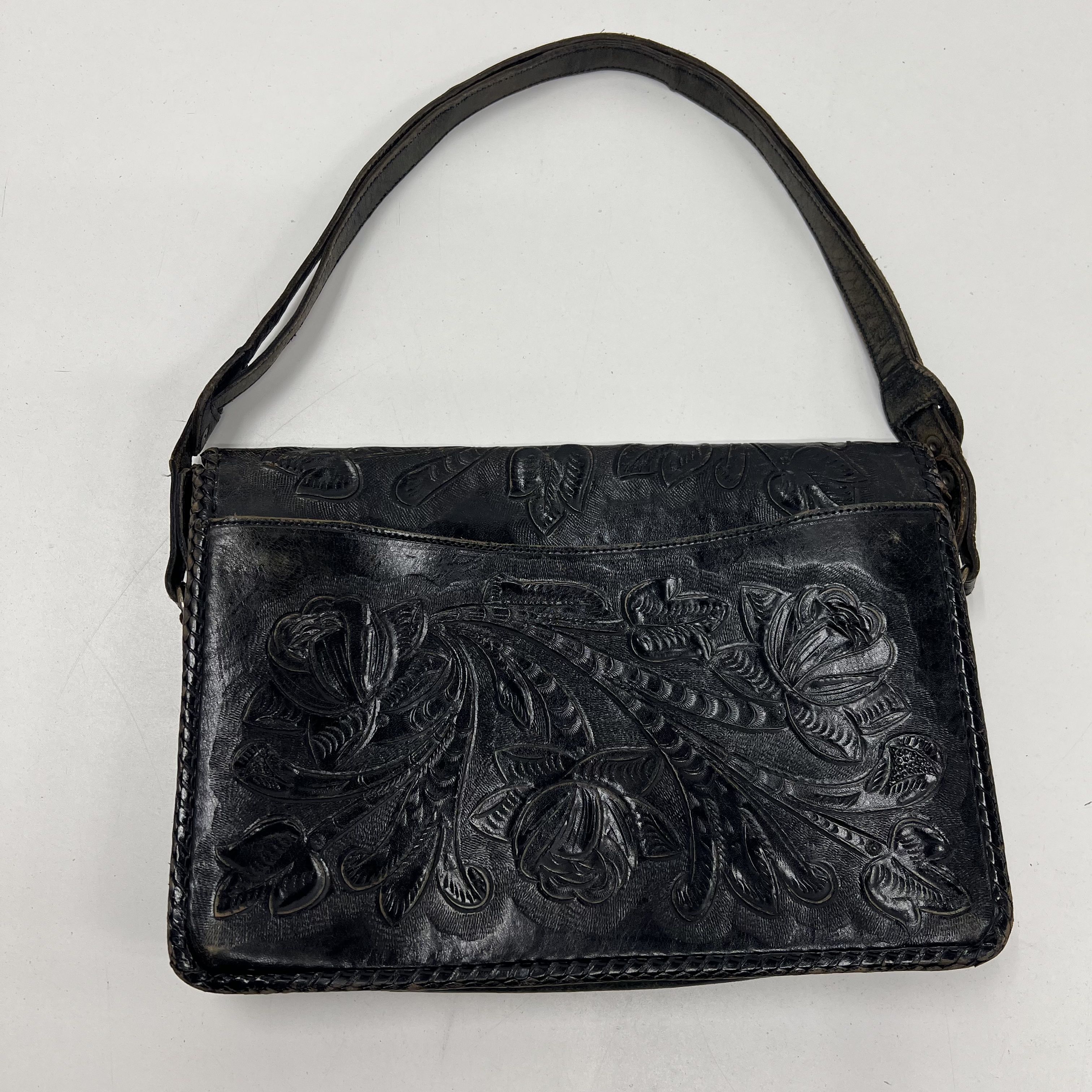 Vintage 70s Hand Tooled Leather Floral Shoulder Bag Purse Black Western Boho