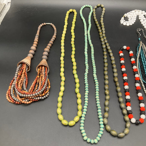 Vintage and Modern Beaded Necklace Jewelry Lot 10 Pieces Wood Resin Mixed Styles