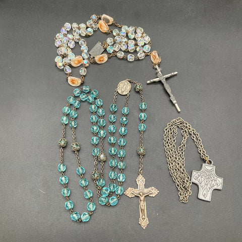 Vintage Religious Lot Sterling Silver 3 Items Blue Glass Rosary AB Cross