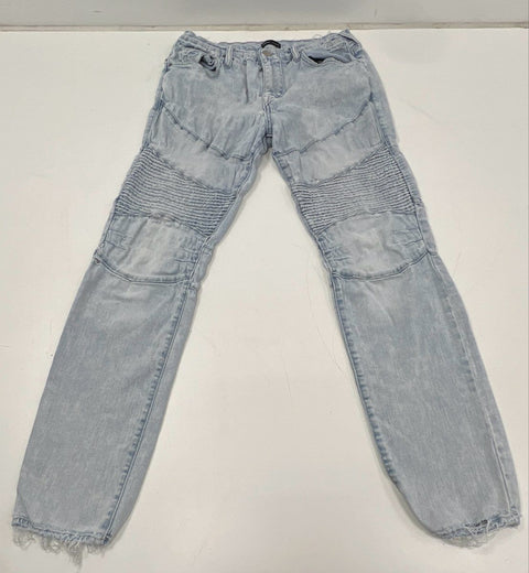 True Religion Men's Rocco Relaxed Skinny Light Wash Distressed Moto Jeans Sz 33