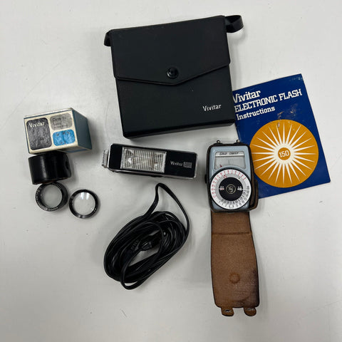 Vintage Vivitar 150 Flash & Gold Crest Light Meter Camera Accessory Lot