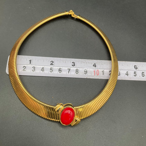 Vintage Monet Gold Tone Red Cabochon Collar Choker Necklace Signed