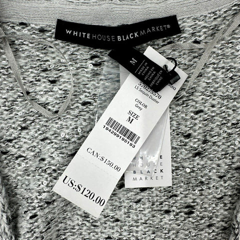 White House Black Market Women's Gray Sequin Duster Cardigan Sweater Sz M NWT
