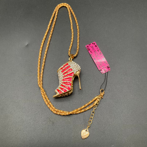 Betsey Johnson Watch & Necklace Set Gold Tone Rhinestone High Heel Pendant Boxed