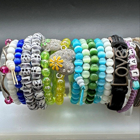 Boho Eclectic Fashion Jewelry Lot 40+ Bracelets Beaded Bangle Cuff Skull
