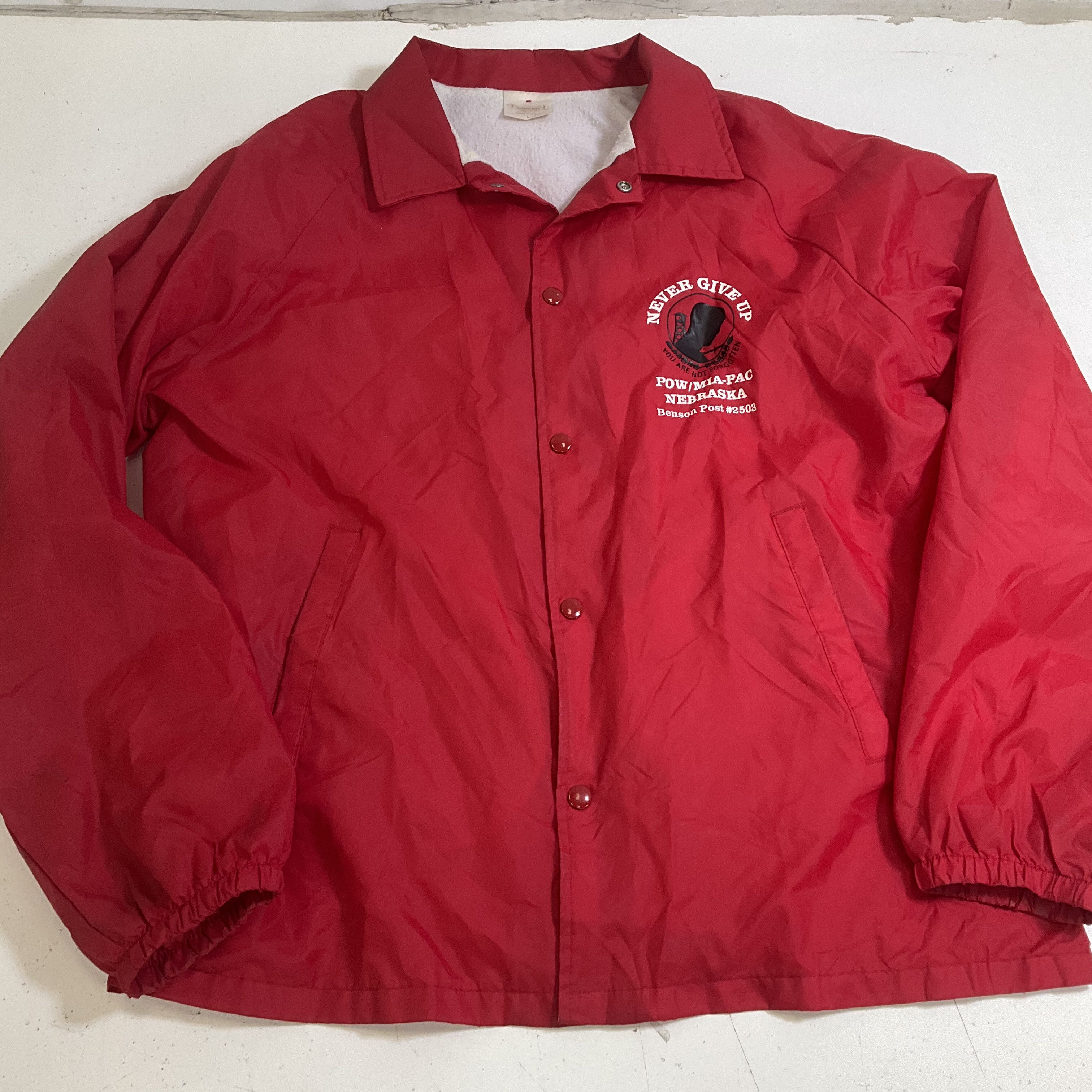 Vintage Y2K VFW POW MIA Red Nylon Coach Jacket Windbreaker Men's L