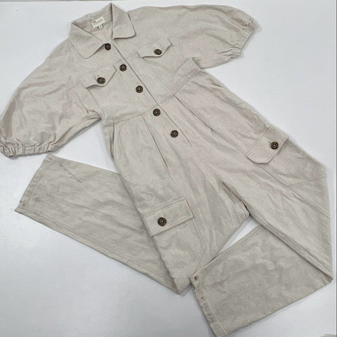 Divine Heritage Women's Beige Linen Blend Cargo Puff Sleeve Jumpsuit Sz L