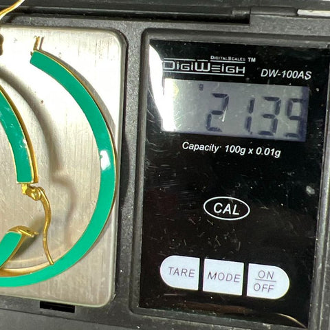 Vince Camuto Signed Gold Tone Green Enamel Large Hoop Earrings 2" 21.3g