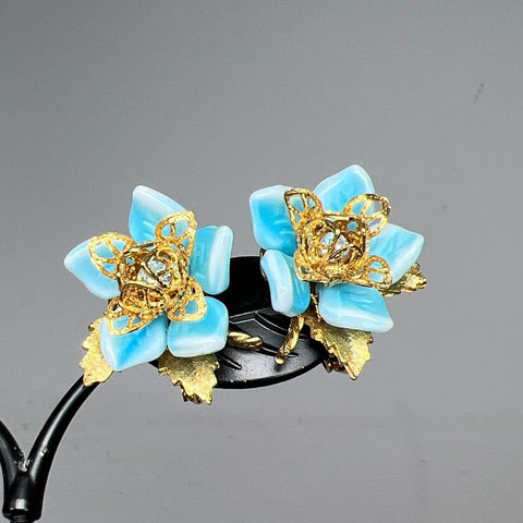 Vintage Corocraft Blue Flower Gold Tone Clip Earring & Brooch Pin Lot Signed