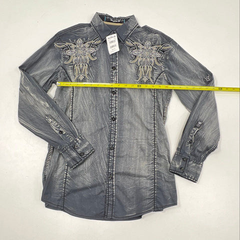 Roar Men's Gray Acid Wash Embroidered Tribal Cross Button Up Shirt Sz S NWT