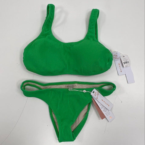 Pilyq NWT Women's Green Reef Textured High Cut Bikini Set Top D Bottom L