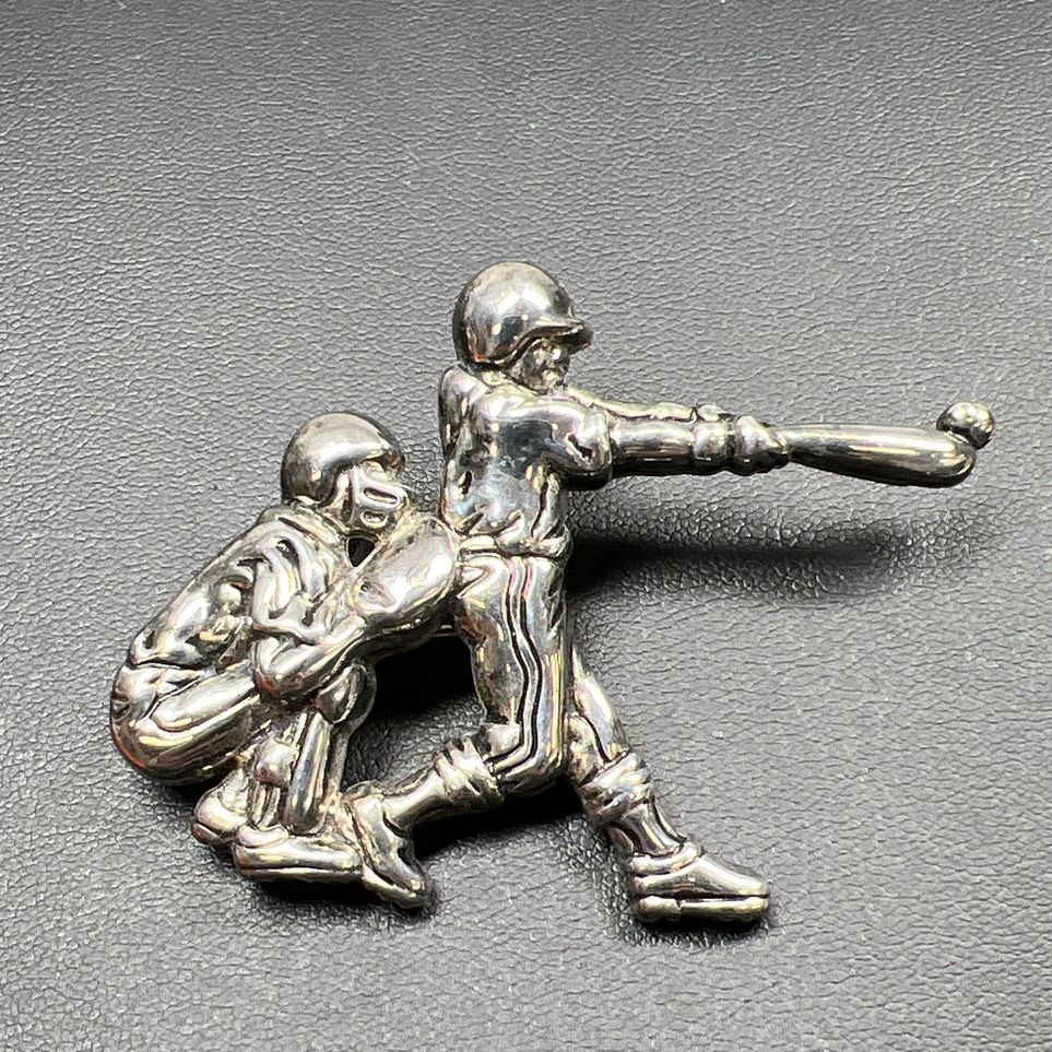 Silver Tone Baseball Batter and Catcher Brooch/Pendant