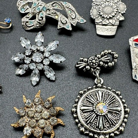 Vintage and Modern Rhinestone Floral Starburst Brooches Jewelry Lot of 8