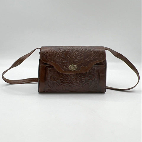 Vintage Brown Hand Tooled Floral Leather Western Crossbody Shoulder Bag