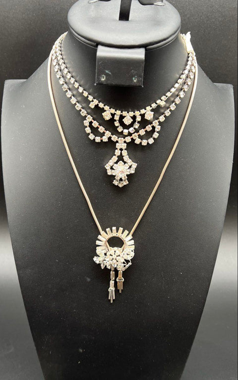 Vintage Mid-Century Colorless Rhinestone Jewelry Lot 10 Pieces Necklaces