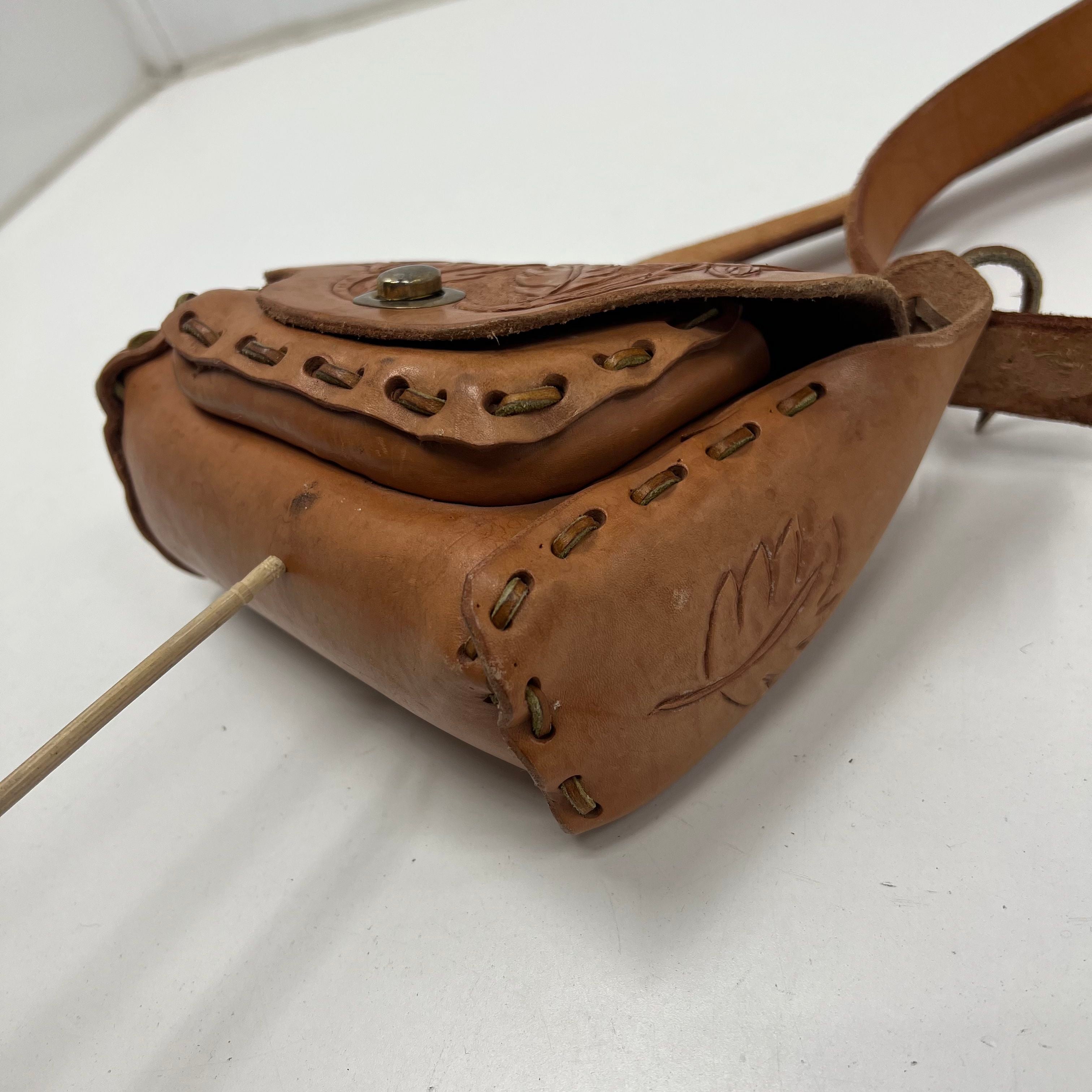 Vintage 70s Tooled Leather Floral Boho Hippie Mini Crossbody Purse Bag Brown