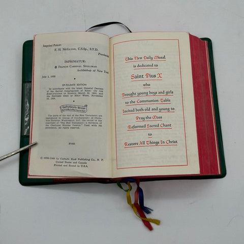 Vintage Saint Pius X Daily Missal Catholic Book Publishing Green Red Edged 1950s