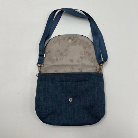 Haiku Blue Canvas Flap Crossbody Bag RFID Blocking Purse Silver Hardware