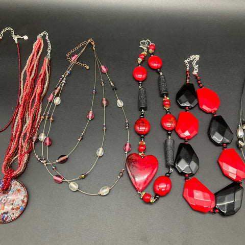 Vintage to Modern Costume Jewelry Necklace Lot of 9 Red Black Beaded Pendants