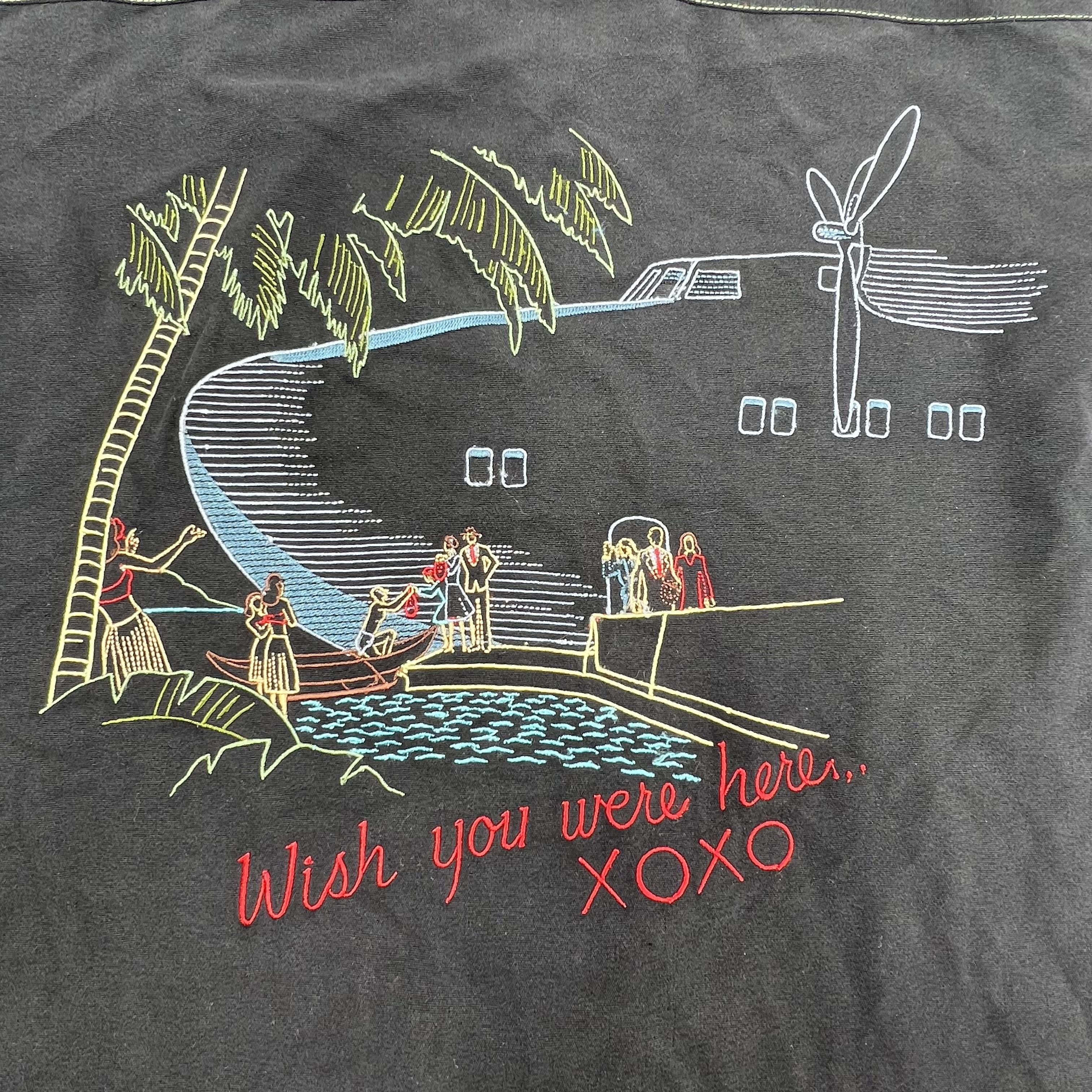 Tori Richard Silk Camp Shirt Embroidered Wish You Were Here Cruise Ship Sze L