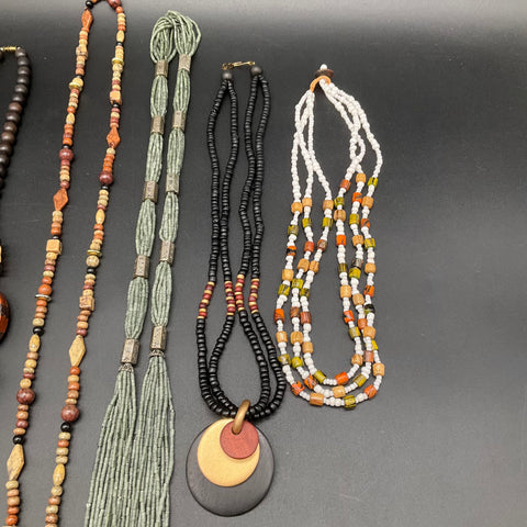 Vintage Boho Artisan Costume Jewelry Lot of 7 Beaded Necklaces Brass Bangles