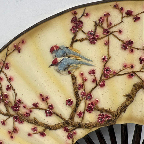 Vintage Asian Fan Wall Art 3D Relief Birds Cherry Blossom Resin Calligraphy