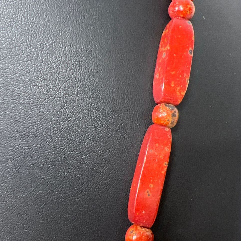 Red Coral Oblong and Round Beaded Necklace