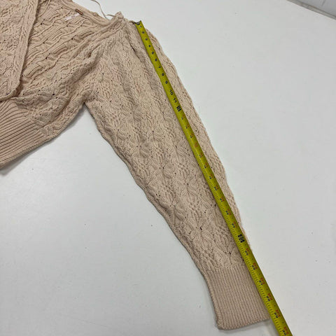 Free People Bonfire Cardi Cream Cropped Knit Puff Sleeve Cardigan Women's M