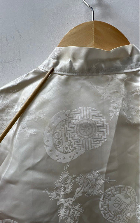 Vintage Women's White Satin Damask Dragon Kimono Robe Japanese Style Long