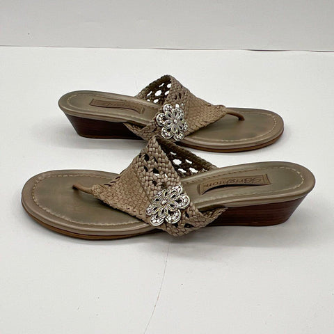 Brighton Lanai Woven Leather Flower Wedge Thong Sandals Pewter Size 8M