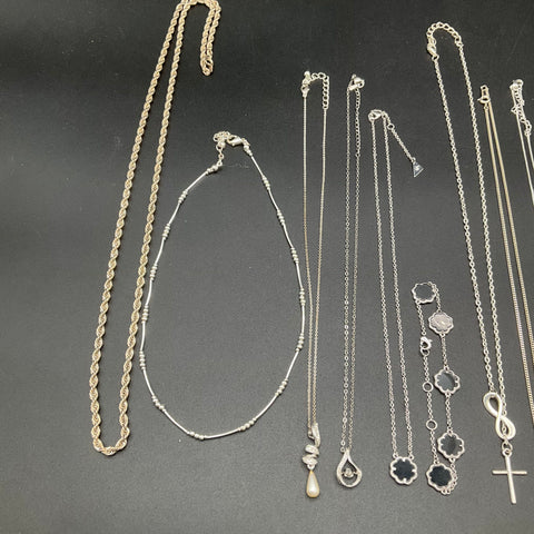 Silver Tone Fashion Jewelry Lot of 14 Necklaces 1928 Brand Heart Rhinestones