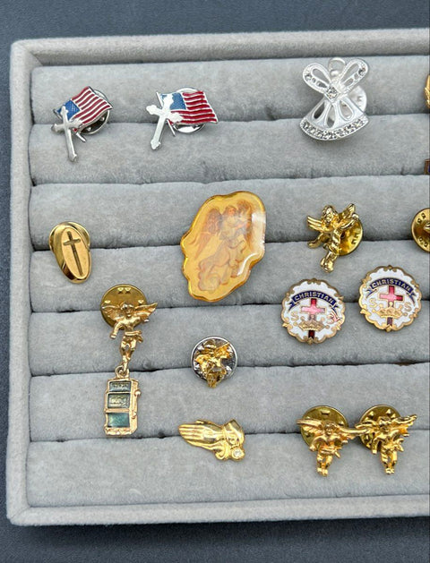 Vintage Religious Catholic Lapel Pins Medals Lot 28 Angels Crosses Jesus