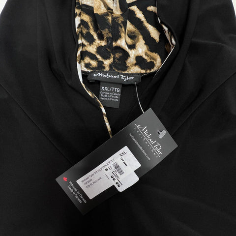 Michael Tyler Women's Black Hooded 3/4 Sleeve Leopard Print Trim Top NWT XXL