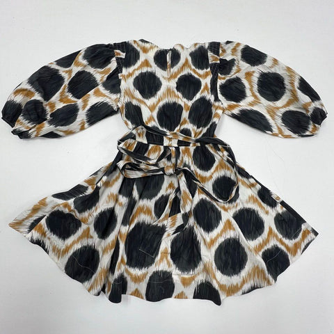 Maeve Ikat Dot Print Puff Sleeve Fit & Flare Organic Cotton Dress Sz S