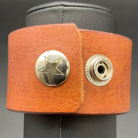 Leather Cuff Bracelet with Enameled Metal Flower Filigree Accent Western Boho
