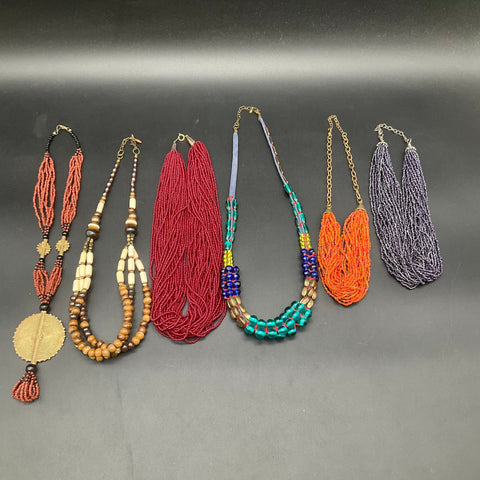 Bohemian Costume Jewelry Lot of 6 Necklaces Multi-Strand Seed Bead Glass Wood