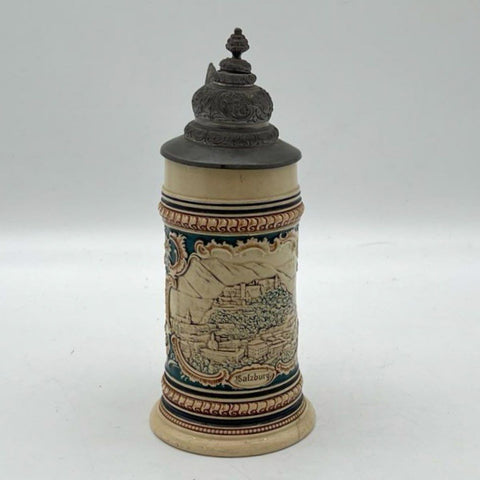 Vintage Beer Stein Salzburg Austria Relief Ceramic Stoneware Pewter Lid 10 Inch