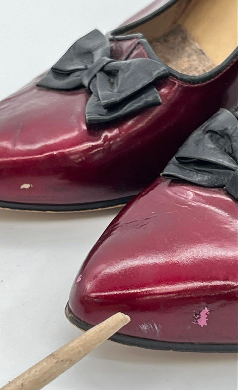Vintage 80s Nickels Burgundy Patent Leather Bow Pumps Made In Italy Size 8.5 M