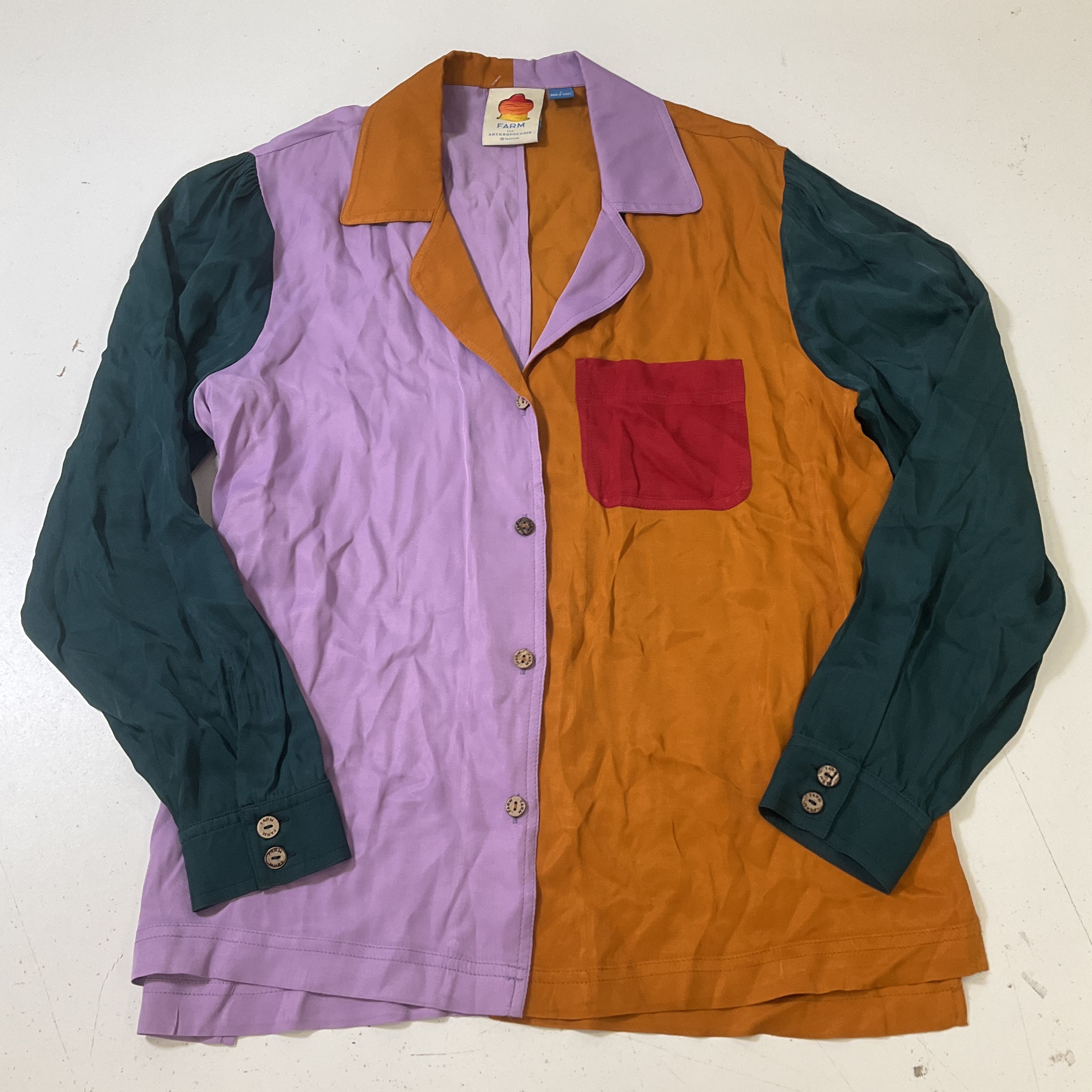 Farm for Anthropologie Women's Colorblock Puff Sleeved Button Up Blouse Size S