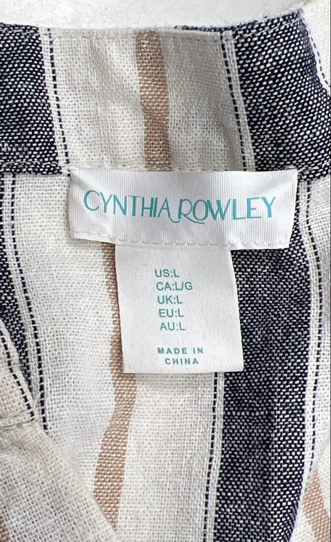 Cynthia Rowley Women's White Blue Striped Linen Blend Button Front Dress Sz L