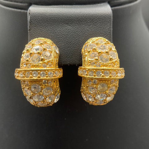 Vintage Les Bernard Gold Tone Clear Rhinestone Pave Dome Clip On Earrings