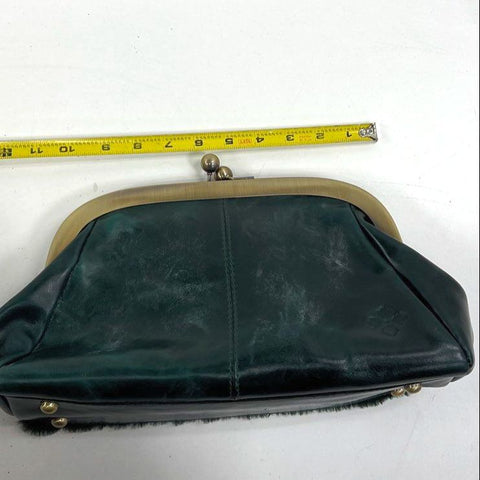 Patricia Nash Green Faux Fur Leather Frame Kiss Lock Clutch Bag Brass Hardware
