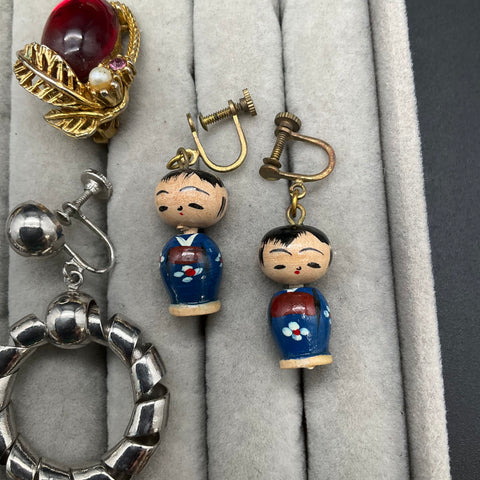 Vintage Costume Jewelry Lot 5 Pairs Micro Mosaic West Germany Fruit Kokeshi