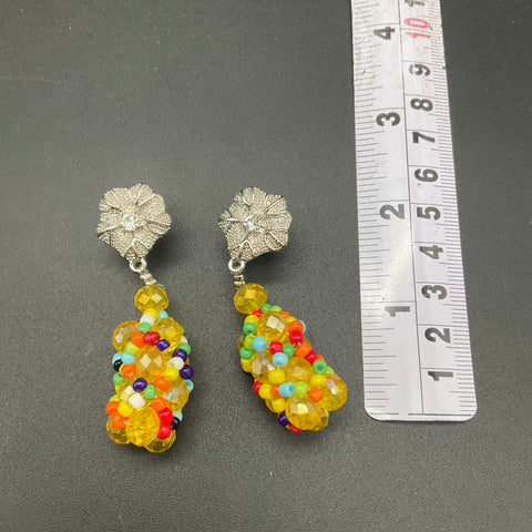 Colorful Beaded Boho Jewelry Set Necklace Bracelet Drop Earrings Yellow 3 Piece