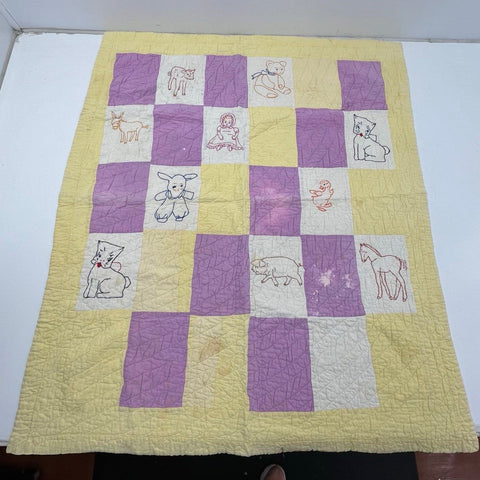Vintage Hand Embroidered Baby Crib Quilt Patchwork Farm Animals Yellow Purple