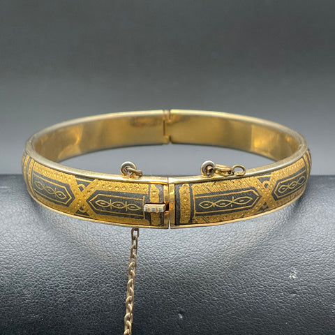 Vintage Damascene Hinged Bangle Bracelet Birds Flowers Gold Tone 7"